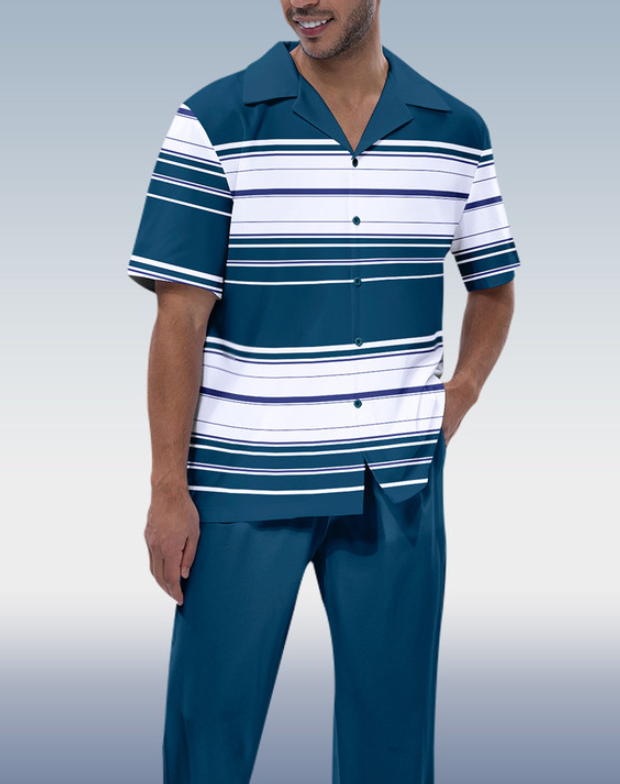 Men&#039;s Striped Short Sleeve Two-Piece Suit by Suitmens
