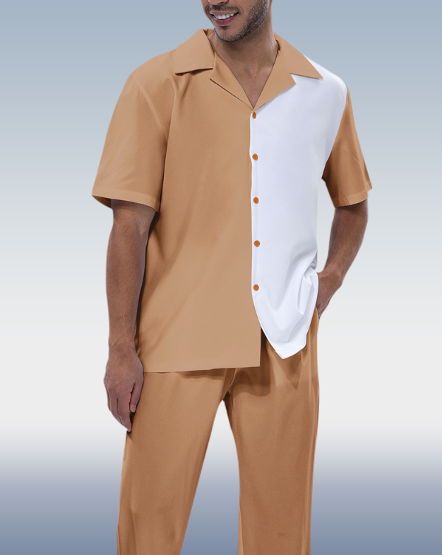 Men&#039;s Khaki Color Block Short Sleeve Walking Suit for Suitmen