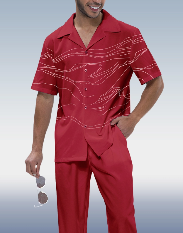 Men&#039;s Red Art Print Short Sleeve Walking Suit for Suitmen