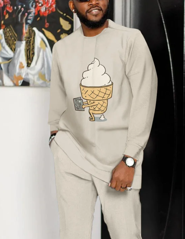 Suitmens Men&#039;s Fun Ice Cream Print Long Sleeve Athletic Walking Suit -256