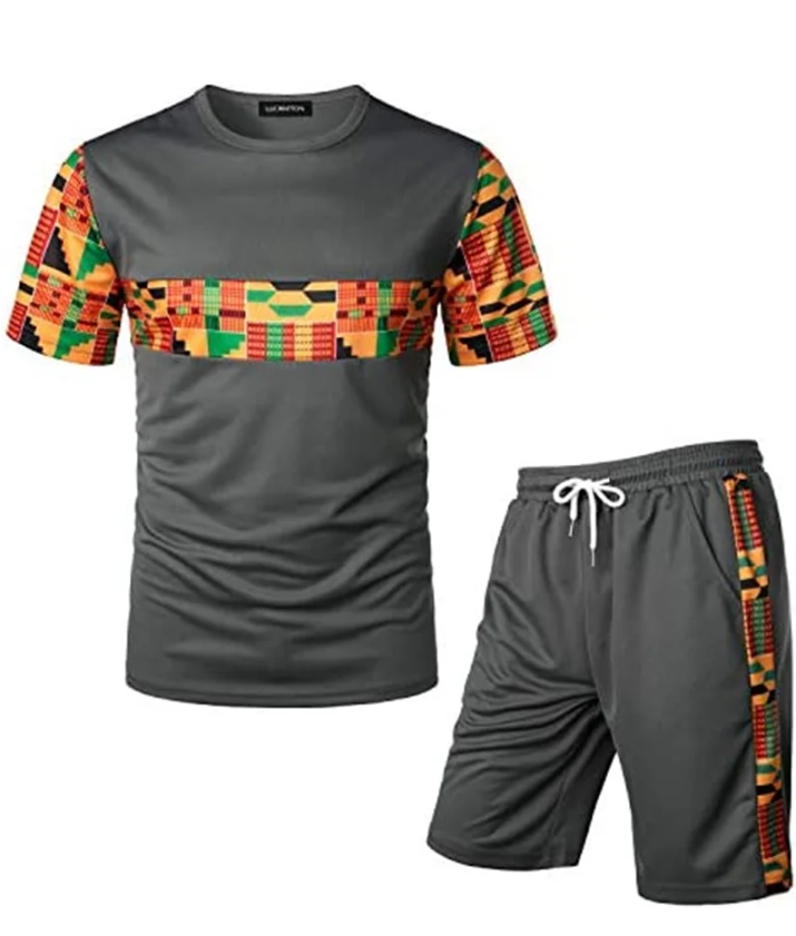 Men&#039;s Printed Colorblock T-Shirt and Shorts Set 020
