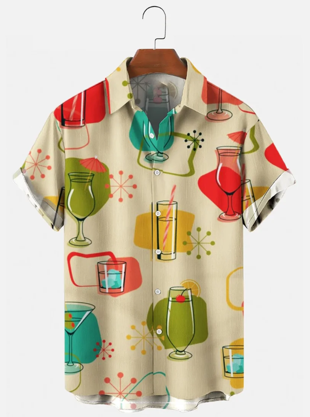 Men&#039;s 50&#039;s Vintage Short Sleeve Drink&amp;Food Casual Hawaiian Shirt