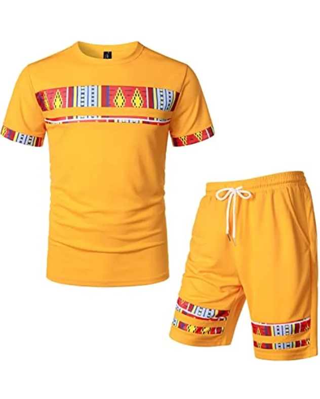 Men&#039;s Printed Colorblock T-Shirt and Shorts Set 010