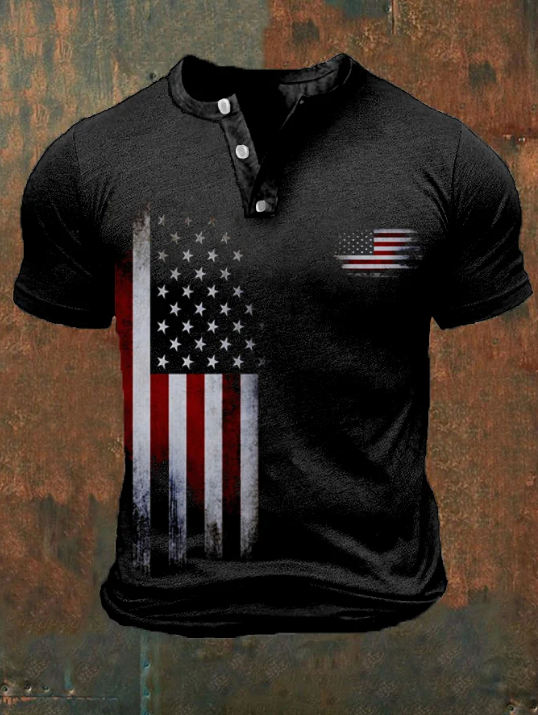Men&#039;s Vintage Flag Print Casual Button Polo Shirt