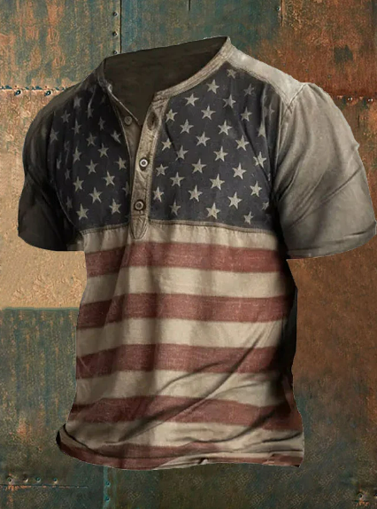 Men&#039;sVintage American Flag Print Henley Collar T-Shirt