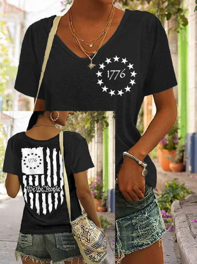 Women&#039;s Independence Day We The People1776 America Flag V-Neck Tee