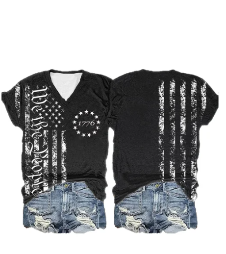 Women&#039;s Independence Day We The People 1776 Flag Print V-Neck T-Shirt