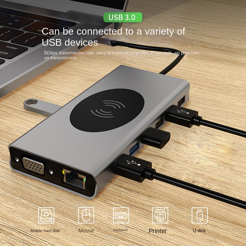 type-c docking station usb hub hub wireless charging for mobile phones gigabit expansion dock