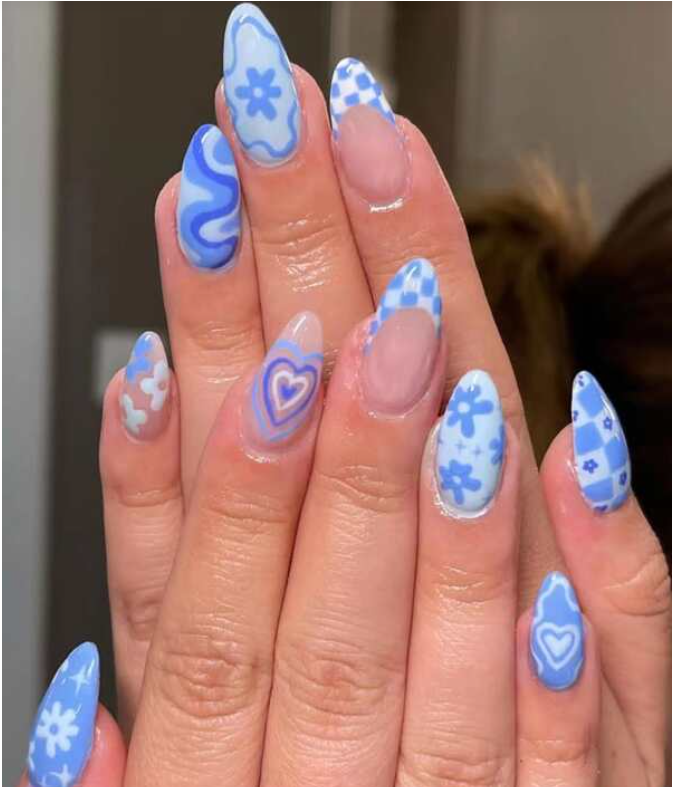 Get Glamorous with 24pcs Long Almond Blue Heart Star Floral Pattern French Fake Nail &amp; 1sheet Tape &amp; 1pc Nail File