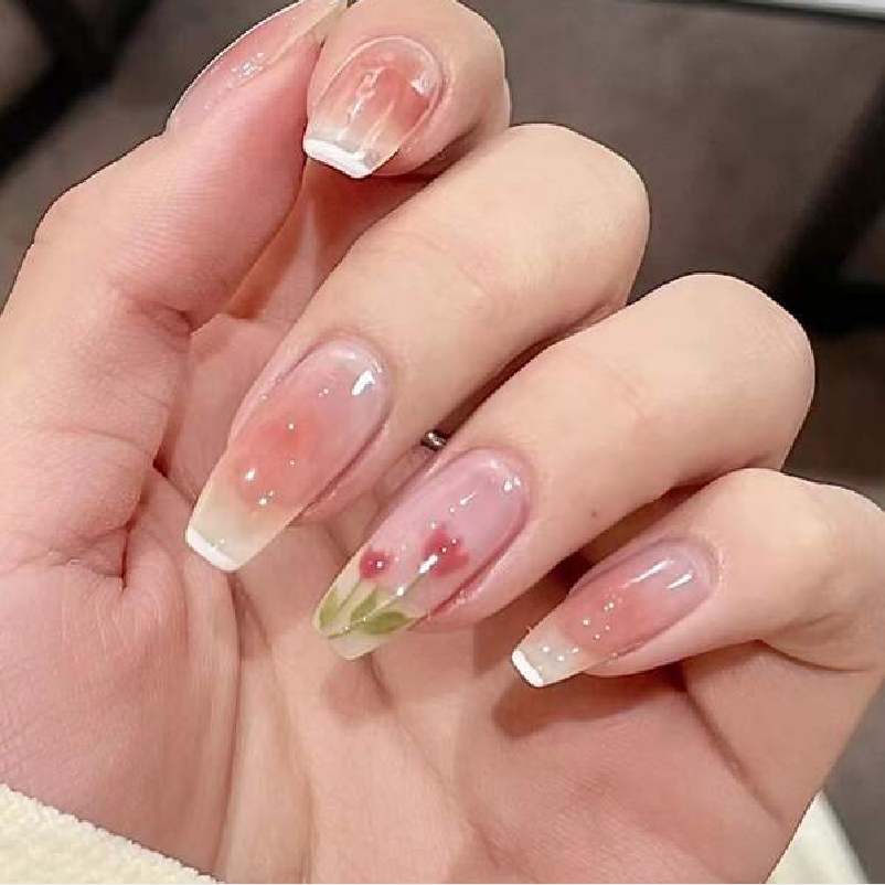 Get Glamorous with 24pcs Long Coffin Blush French Tulip Print Fake Nail &amp; 1sheet Tape &amp; 1pc Nail File