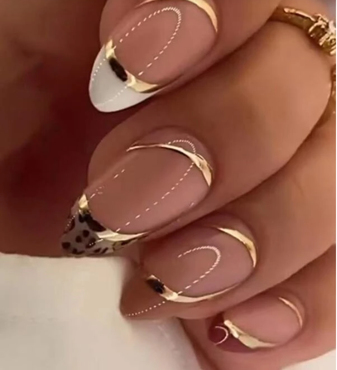 Transform Your Nails with 24pcs Long Almond French Leopard Golden Line Fake Nail &amp; 1pc Nail File &amp; 1sheet Tape