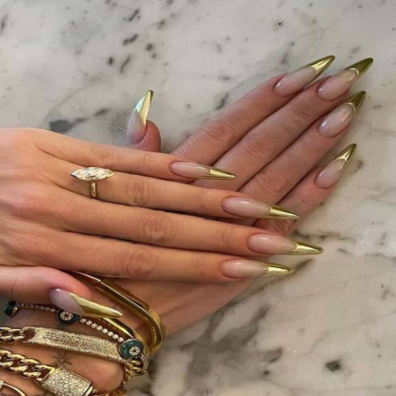 Transform Your Nails with 24pcs Long Stiletto Gold Mirror Effect French Style Fake Nail &amp; 1pc Nail File &amp; 1sheet Nail Tape