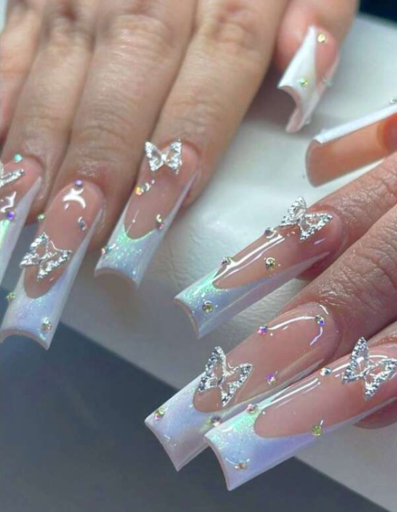Transform Your Nails with 24pcs Long Square Aurora Butterfly Rhinestone Decor Fake Nail &amp; 1sheet Tape &amp; 1pc Nail File