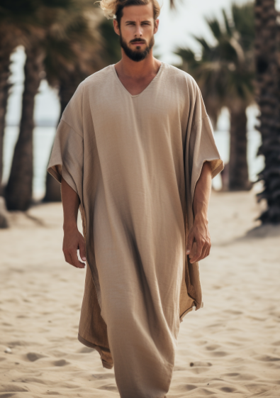 Beige Men Linen Solid Long Caftan