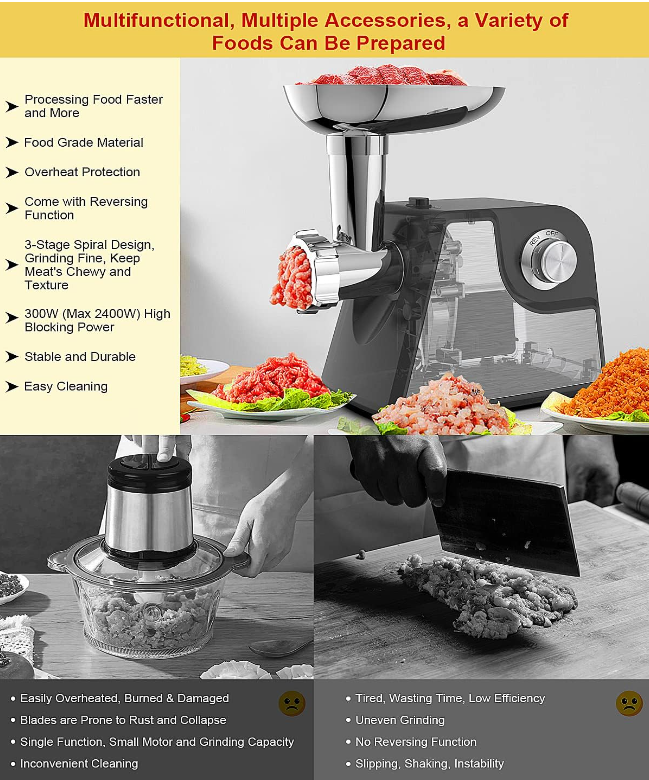 Juissiart Meat Grinder, 2500W Max Stainless Steel Meat Grinder Electric, ETL Approved Meat Mincer w/ Blade, 3 Plates, Sausage Stuffer Tube &amp; Kubbe
