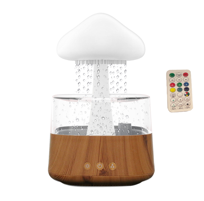 450ml Raining Humidifier Mushroom Cloud Colorful Night Light Aromatherapy Diffuser, Style: Without Shaker (Light Wood Grain)