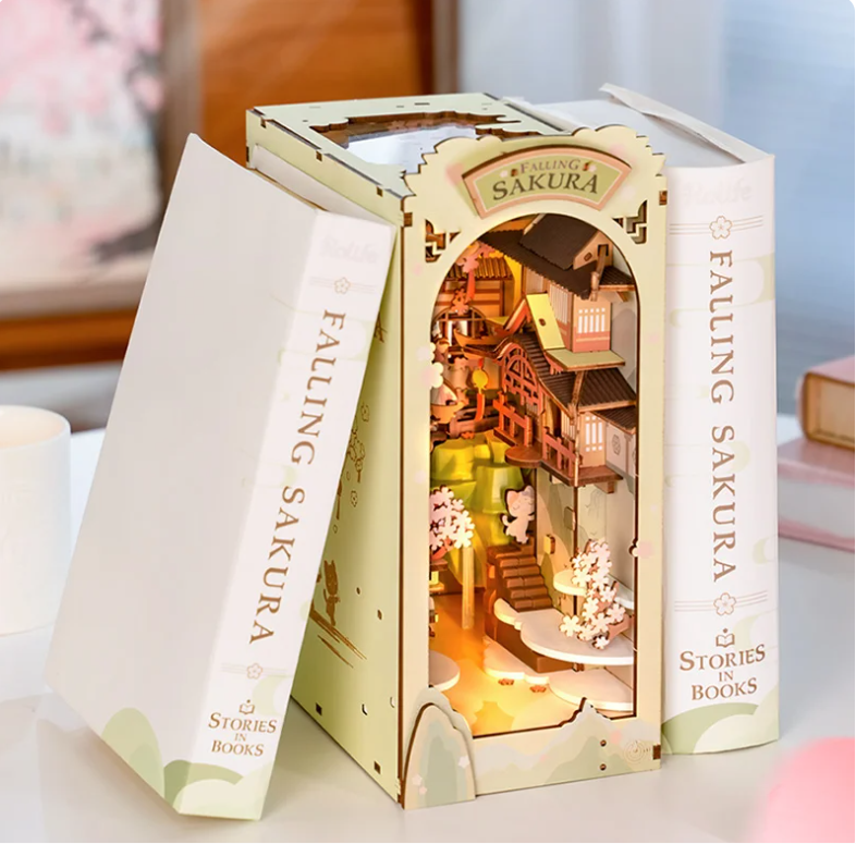 Robotime Rolife Falling Sakura Book Nook with Lights Easy Assemble Home Decoration Booknook Best Gifts for Family Children TGB05