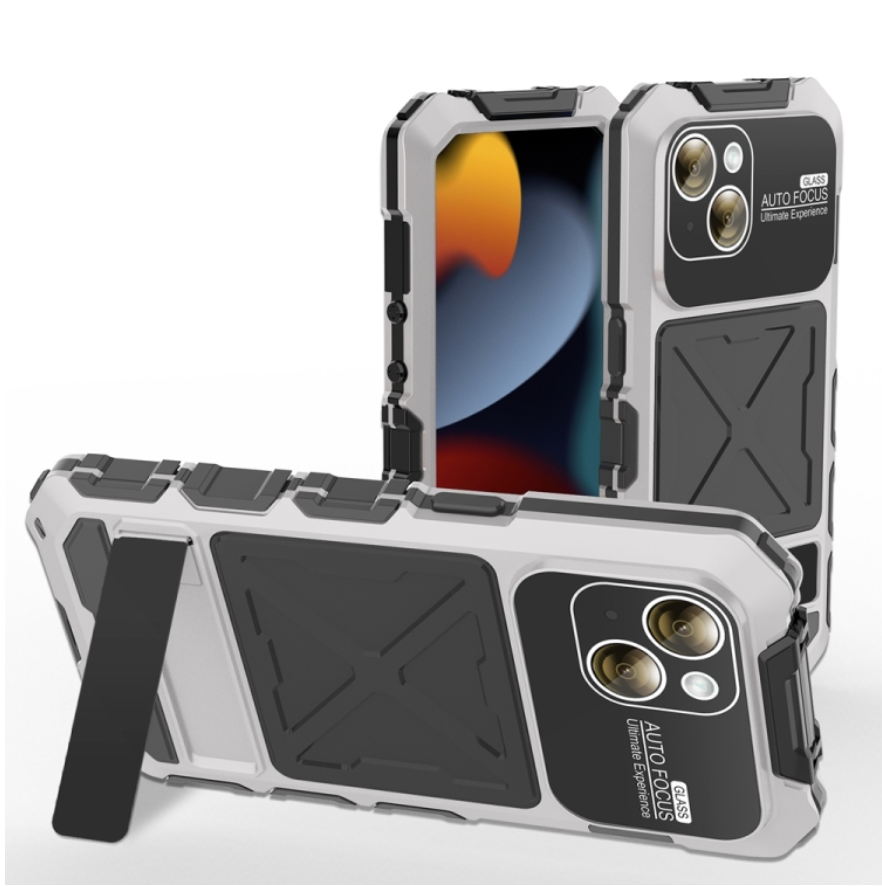 Metal+Silicone+Tempered Glass Life Waterproof Triple Defense Phone Case with Stand White