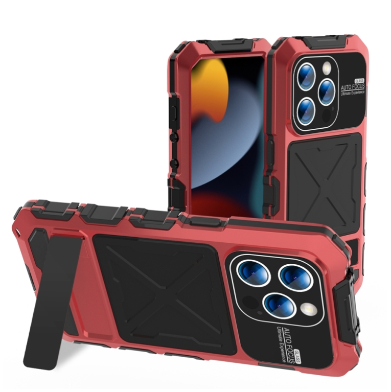 Metal+Silicone+Tempered Glass Life Waterproof Triple Defense Phone Case with Stand Red