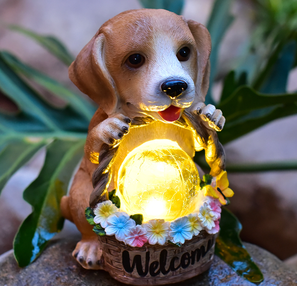 solar statue ornaments cute puppy animals outdoor garden lights