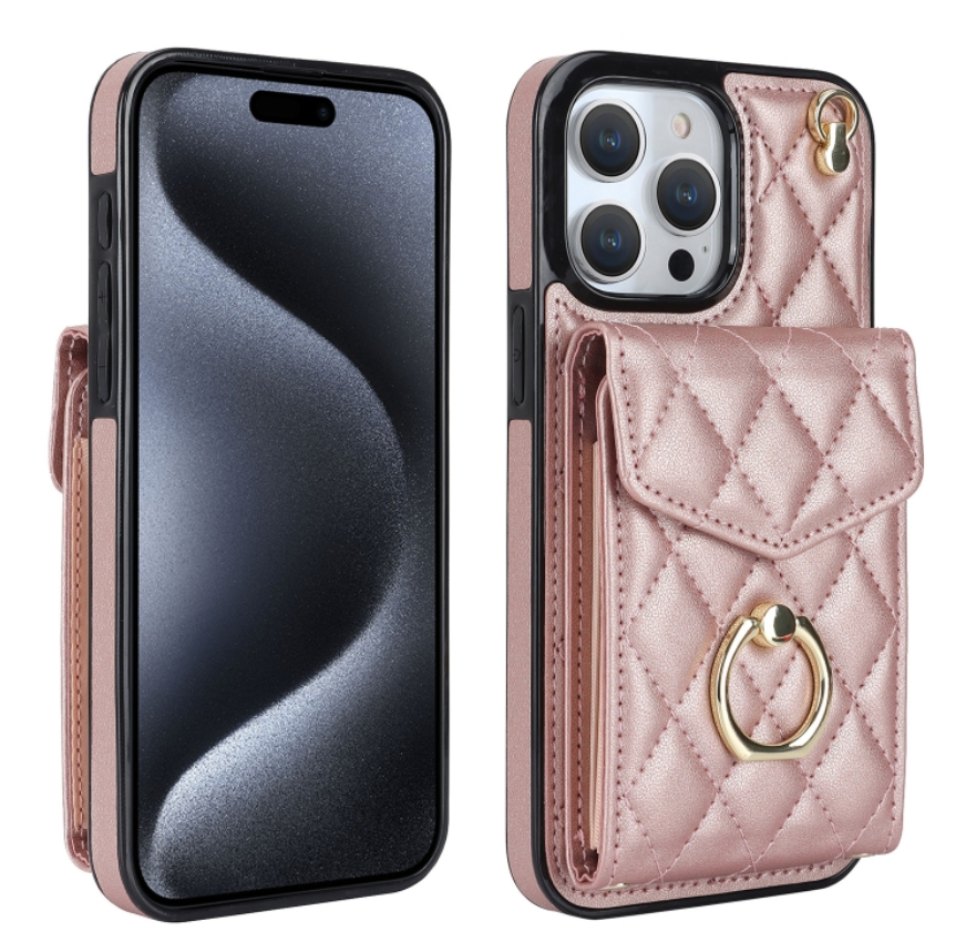 For iPhone 15 Pro Crossbody Small Fragrance Organizer Card Case (Rose Gold)