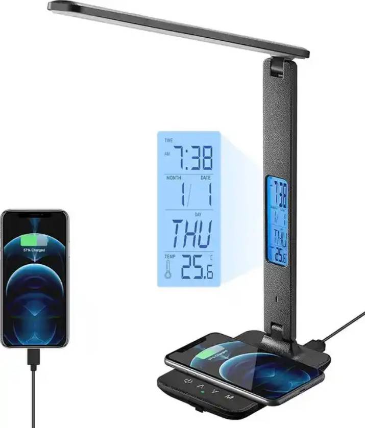 Wireless Charger Led Desk Lamp with USB Charging Port Clock Alarm Date Temperature for Home Office
