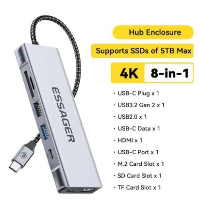 ESSAGER 8-in-1 USB Hub with SSD Storage, USB Type-C to HDMI, 4K HD Display, 10Gpbs Transmission Speed, 1*USB3.2 1*USB2.0 1*SD Card Slot 1*TF Card Slot