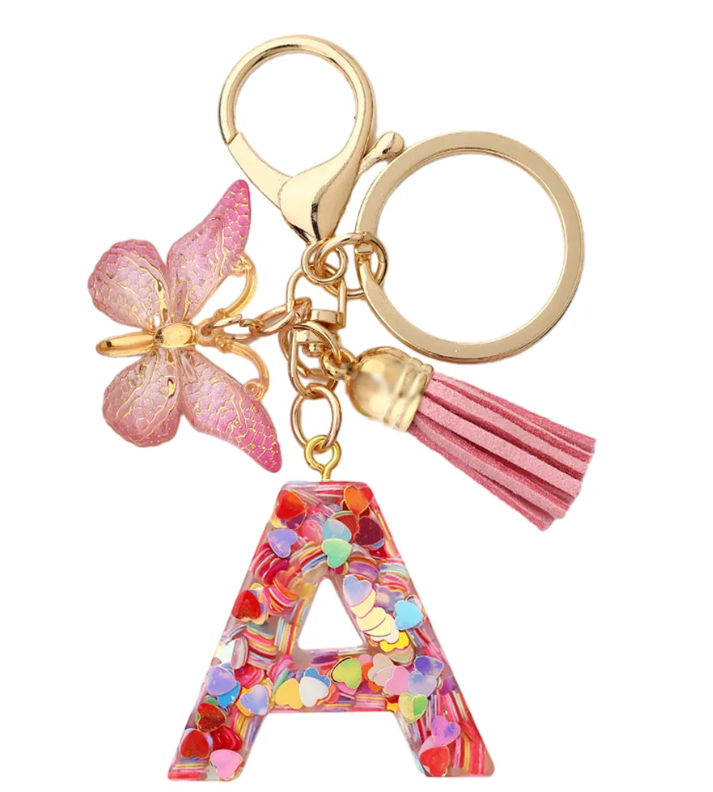Initial Letter Keychains Alphabet Letter Keychain Pink Tassel Butterfly Key Ring