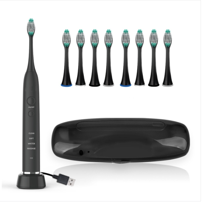 Adult electric Sonic toothbrush USB charging with 8 brush heads (black)