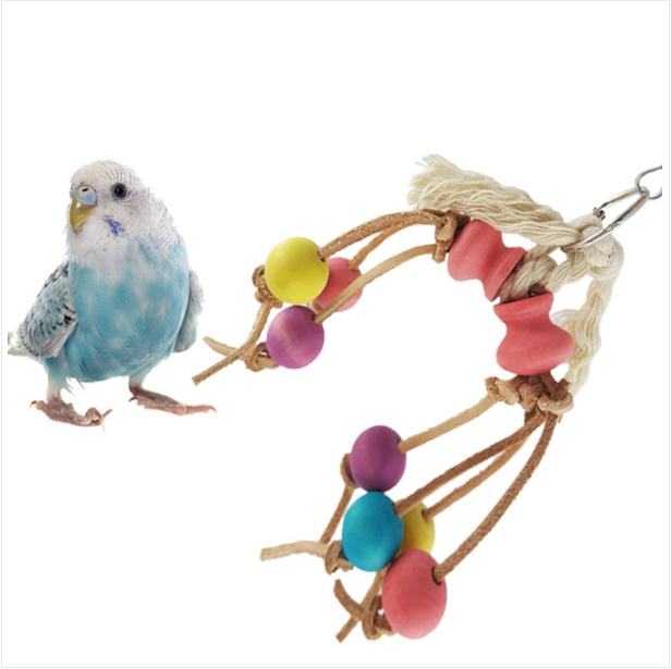 Creative cowhide rope wood bead parrot bird nibble toy