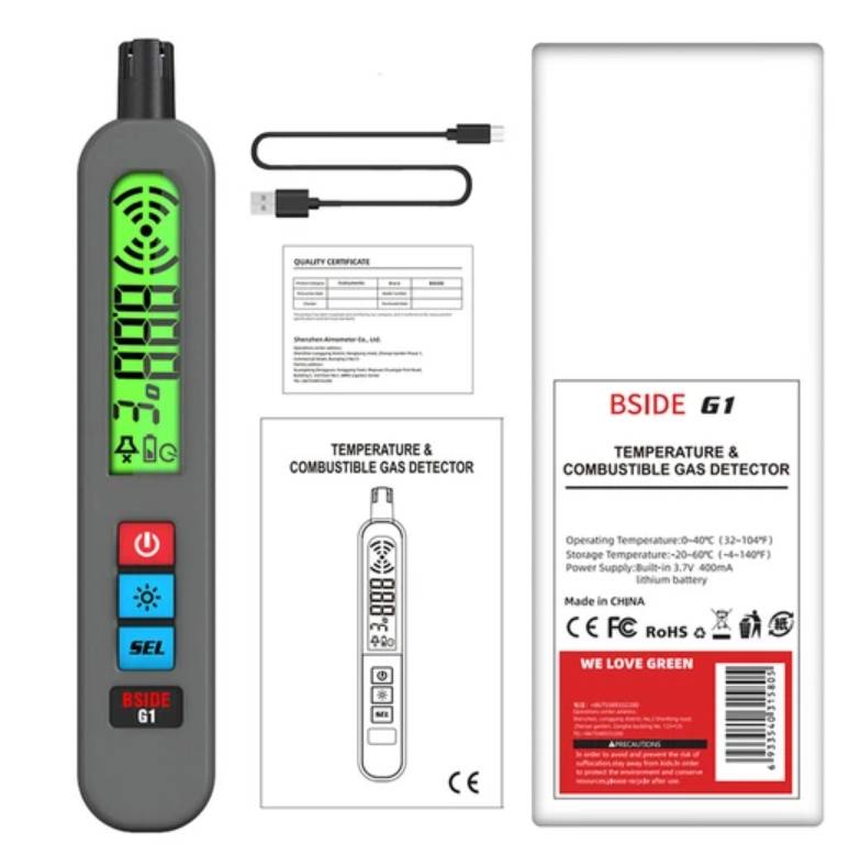 BSIDE G1 Combustible Gases Leak Detector, Natural Gases Leakage Detection, LCD Display with Backlight, Sound &amp; Light &amp; Vibration Alarm, withou