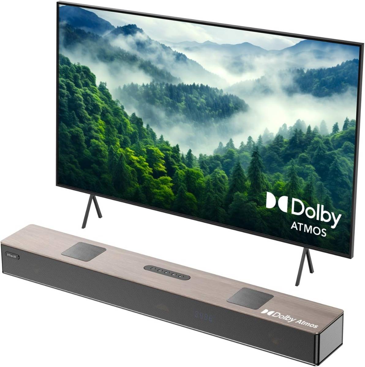 Hiwill 5.2.2ch Wooden Dolby Atmos Soundbar, All-in-one Sound Bar for Smart TV with Dual Built-in Subwoofer, Resonance Optimization Architecture, 400W