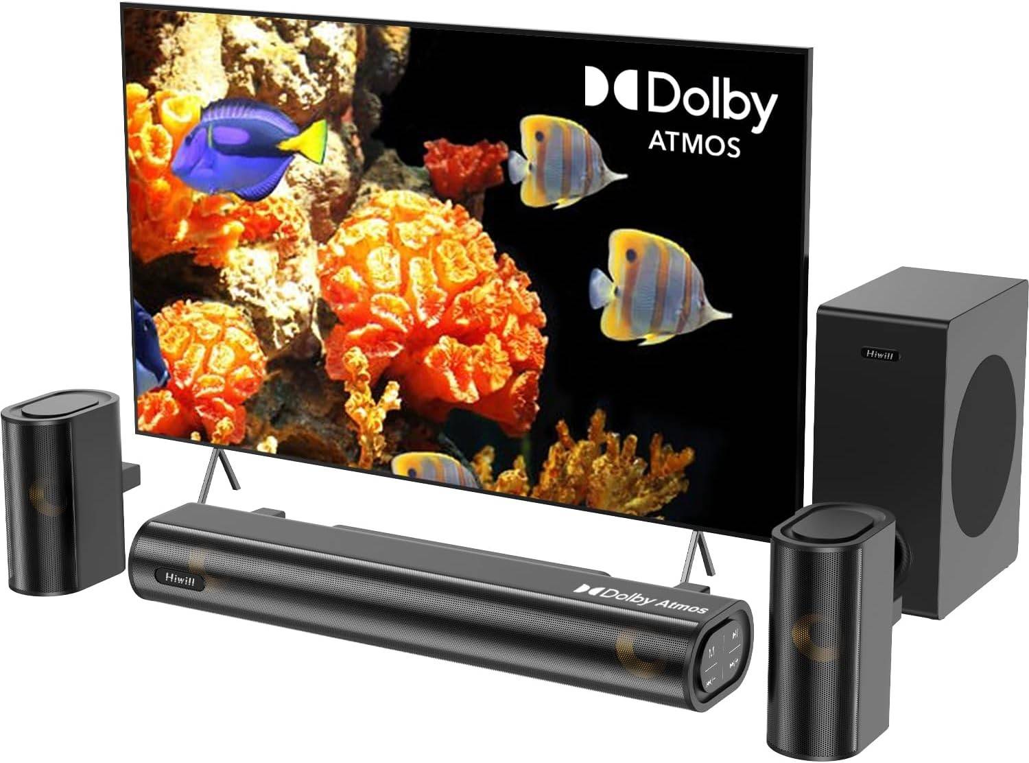 Hiwill 4.1ch Soundbar with Dolby Atmos, 300 W Soundbar for TV Devices with Subwoofer, 2 Front Surround Speakers, HDMI eARC, Treble and Bass Adjustable