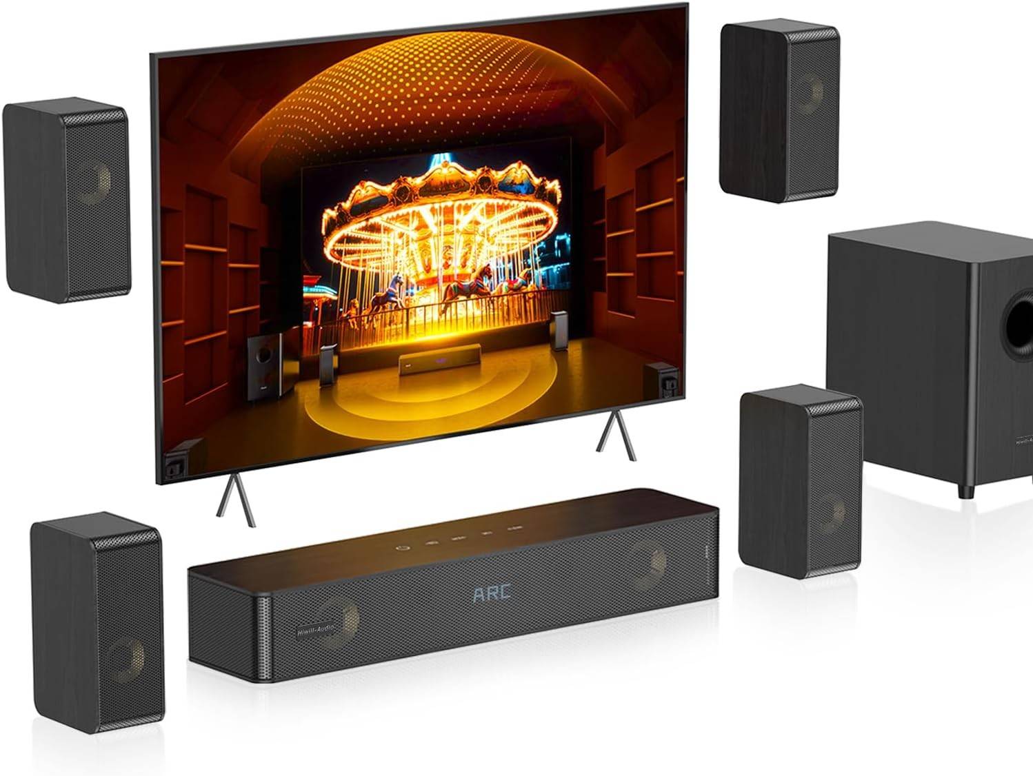 Hiwill-Audio N512,5.1.2CH Soundbar for TV Devices,4 Surround Speakers,400 W Peak Power,Home Cinema Virtual Surround Sound System Sound Bar with 5.25 I