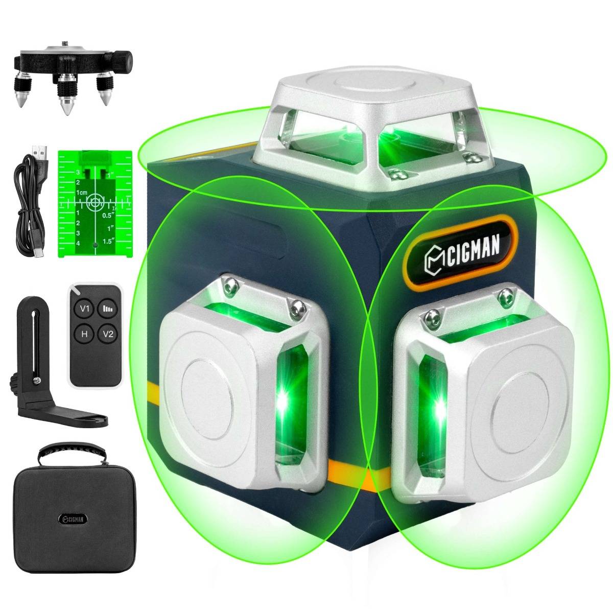CIGMAN CM-701 3x360° Laser Level Self Leveling 3D Green Cross Line for Construction and Picture Hanging, Rechargeable battery, Remote Controller, Magn