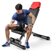 Finer Form - 5 in 1 weight bench, adjustable and foldable for bench press, strength training and full body training. Perfect for dumbbell games or a set of adjustable dumbbells in your home gym, free workout table PDF included