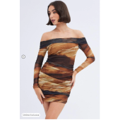 Brown Abstract Mini Dress Bardot Off Shoulder Bodycon Ruched