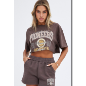 Short Sleeve Crop Top with Brown Graphic Design