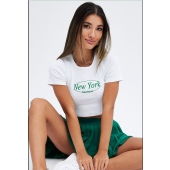 New York White Tee Crop with Short Sleeves and Embroidery