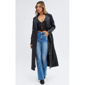Long-Sleeved Faux Leather Black Trench Coat