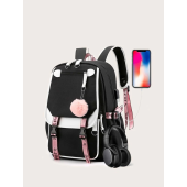 Fashionable Black and Pink Canvas USB School Bag for Girls
