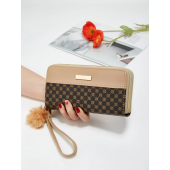 Long Wallet with Geometric Pattern and Pompom Decoration