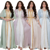 Muslim Women's Diamond Light Luxury Dress abaya Set Bright Silk Satin Three Piece Dress
