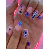 24pcs Short Square False Nails With Purple Skull & Spider Design + 1pc Jelly Glue And 1pc Nail File