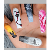 [Halloween Sale]1Sheet Halloween Abstract Figure Pattern Press on Nails Long Full Cover Fake Coffin Nails