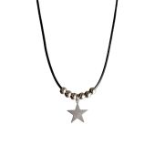 Black leather rope beaded five-pointed star titanium steel necklace