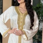 Middle Eastern New Women's Dress Embellished with Rhinestone Lace Long Robe Muslim White Satin Floral Dress.