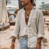 Men's solid color cotton linen loose casual long sleeve beach shirt