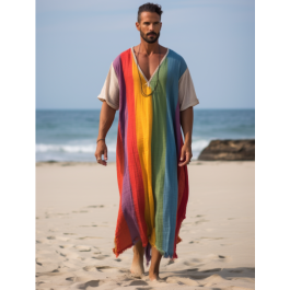 Rainbow V neck Men Long Caftan dress