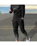 Black Gradient Lines Print Long Sleeve T-Shirt And Pants-1